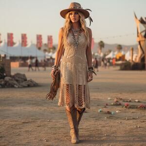 Free People Crochet Dress XS • Removable Slip • Boho Festival Cream Mini